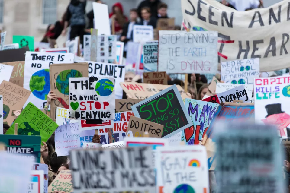 Close-up on dozens of anti-climate change signs at protest with people not visible.